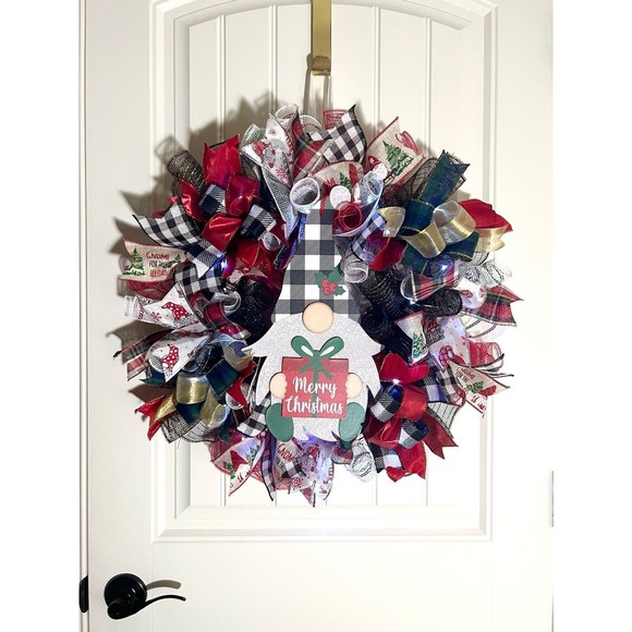 Handmade Merry Christmas Gnome Holiday Ribbon Door Wreath 22 ins W46 - Picture 11 of 11